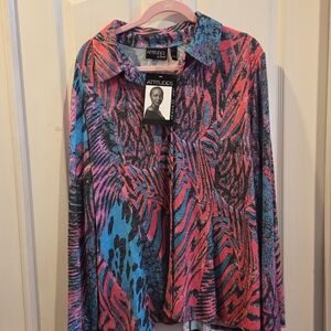 New Attitudes By Renee Top Blouse Size XL Safari Animal Print Tropical Bright